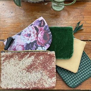 5 ipsy Bags Floral, Green, Gold, Velvet and Sequin Clutches